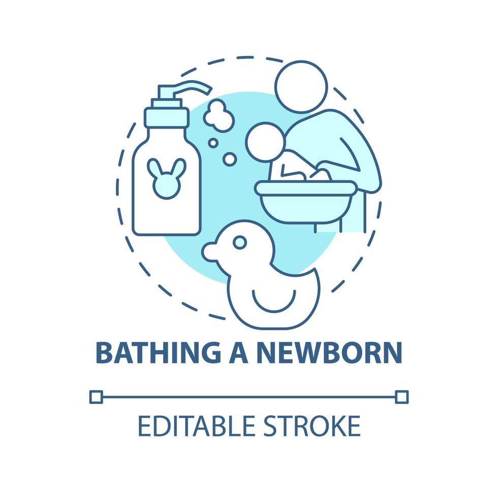 Bathing newborn blue concept icon. Baby hygiene abstract idea thin line illustration. Take bath with baby twice a week. Kid bathtub. Vector isolated outline color drawing. Editable stroke