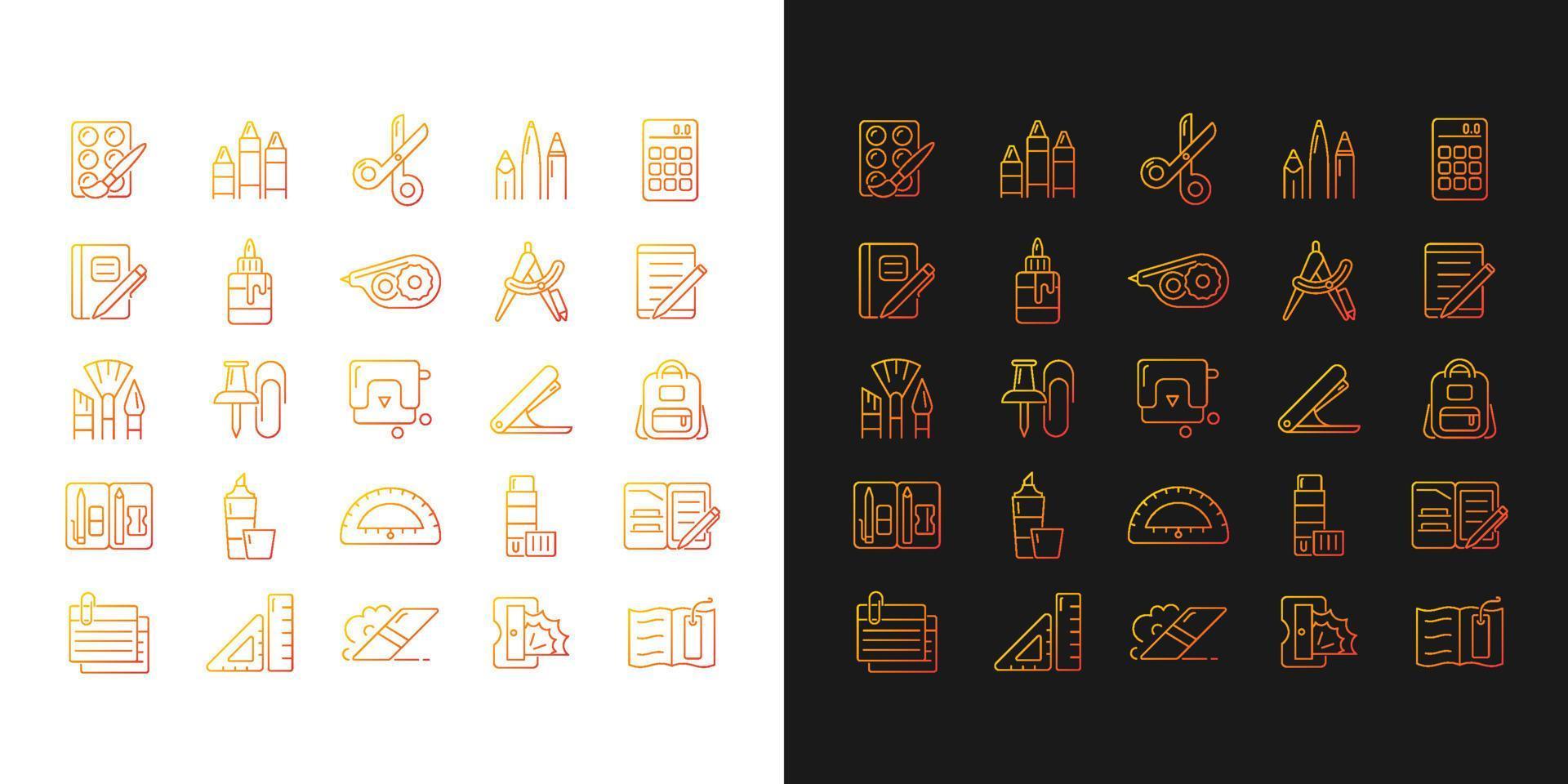 School supplies gradient icons set for dark and light mode. Must-have items for back to school. Thin line contour symbols bundle. Isolated vector outline illustrations collection on black and white