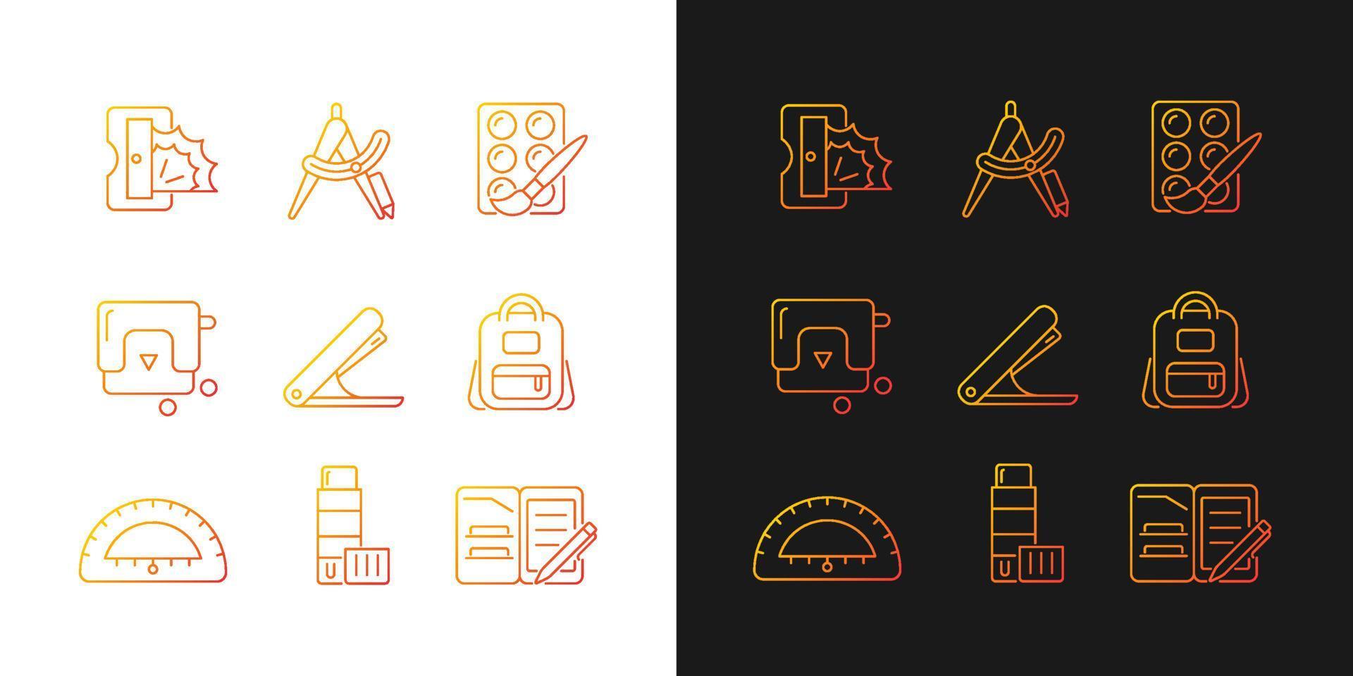 Back to school shopping gradient icons set for dark and light mode. Art tools. School bag. Thin line contour symbols bundle. Isolated vector outline illustrations collection on black and white