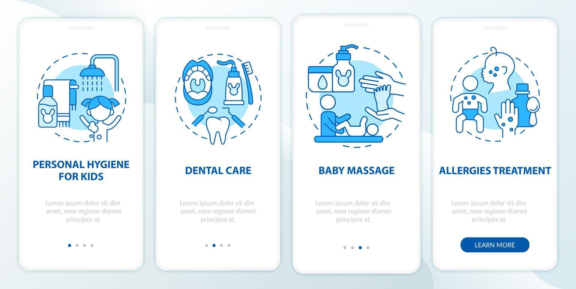 Baby care blue onboarding mobile app page screen. Child physical health walkthrough 4 steps graphic instructions with concepts. UI, UX, GUI vector template with linear color illustrations