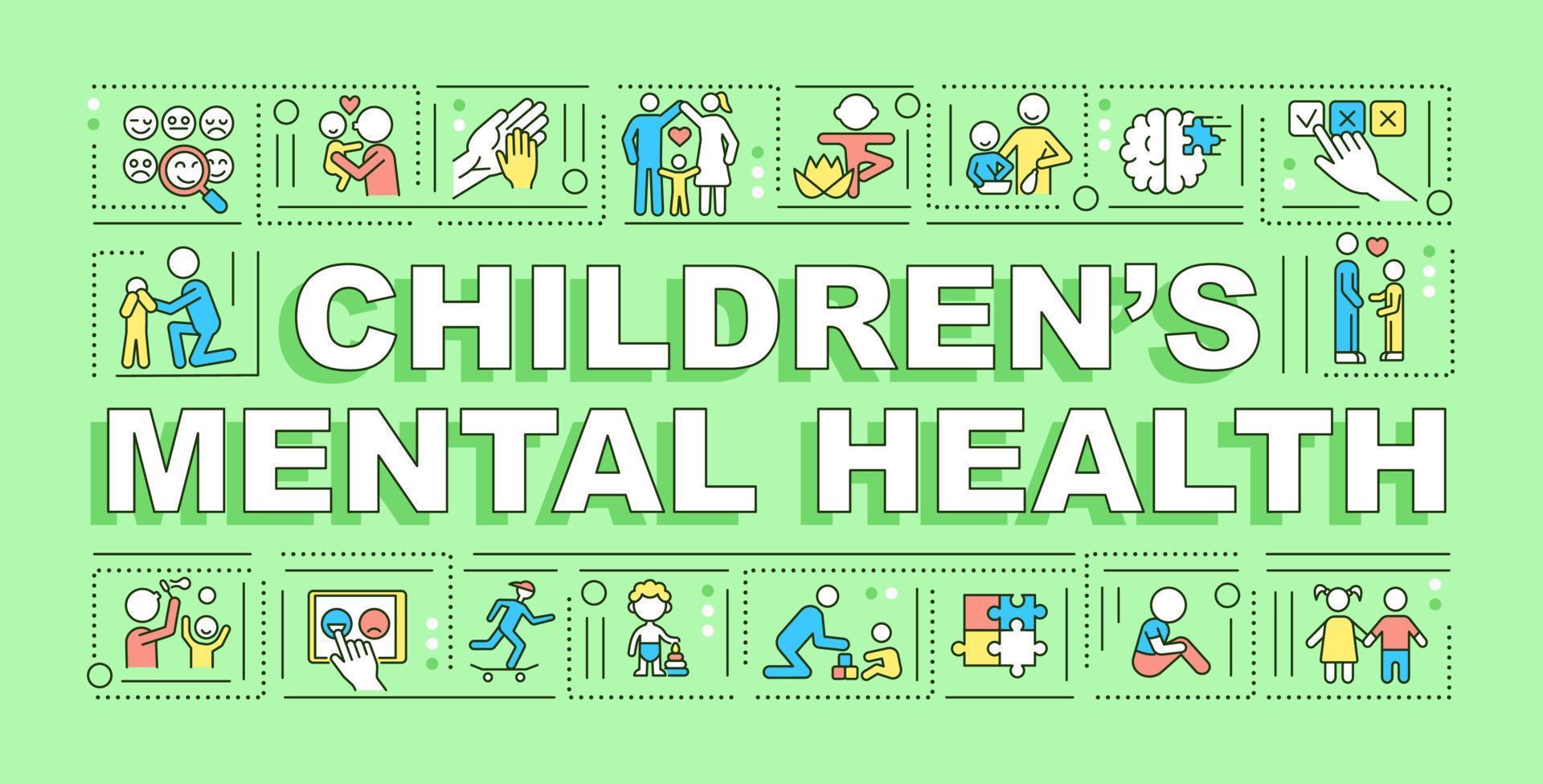 Children mental health word concepts banner. Emotional development. Infographics with linear icons on green background. Isolated creative typography. Vector outline color illustration with text
