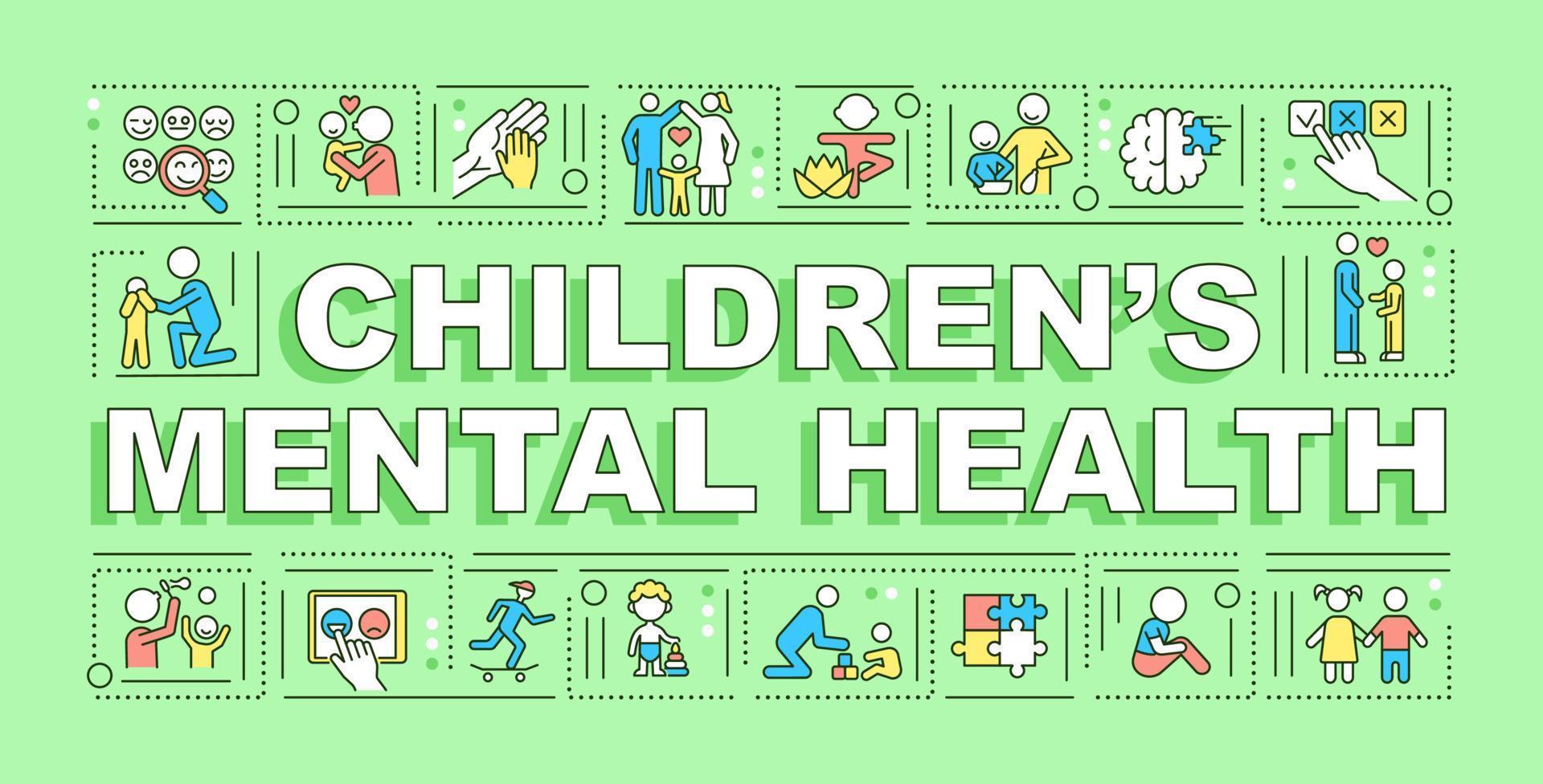 banner de conceptos de palabra de salud mental de los niños. desarrollo emocional. infografías con iconos lineales sobre fondo verde. tipografía creativa aislada. ilustración de color de contorno vectorial con texto vector