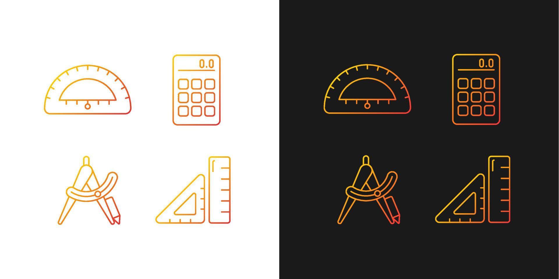 Architecture student tools gradient icons set for dark and light mode. Drafting supplies. Thin line contour symbols bundle. Isolated vector outline illustrations collection on black and white