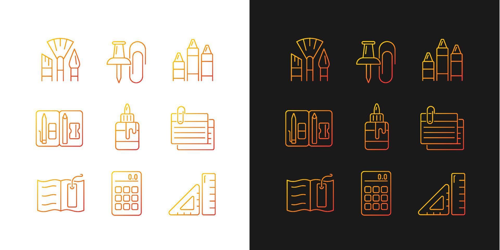 School essential equipment gradient icons set for dark and light mode. Paint brush. Office supply. Thin line contour symbols bundle. Isolated vector outline illustrations collection on black and white