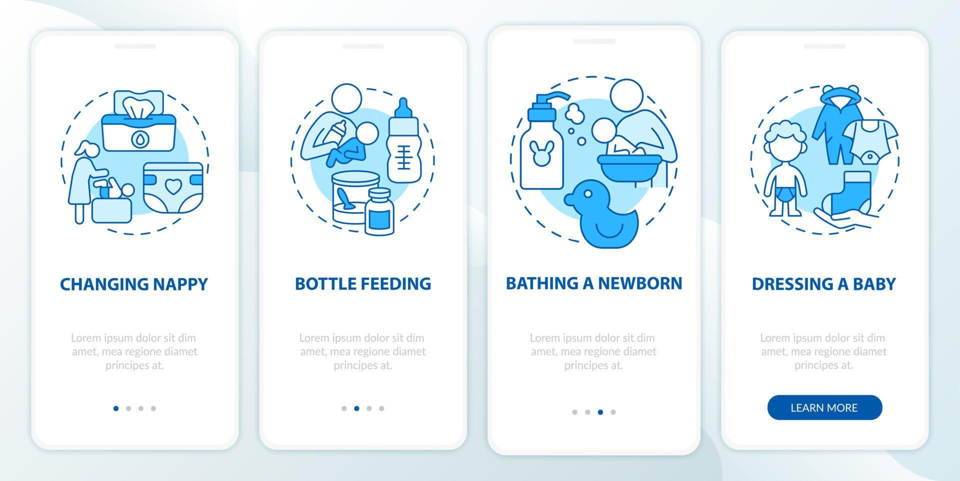 Infant care blue onboarding mobile app page screen. Mother looking after newborn walkthrough 4 steps graphic instructions with concepts. UI, UX, GUI vector template with linear color illustrations