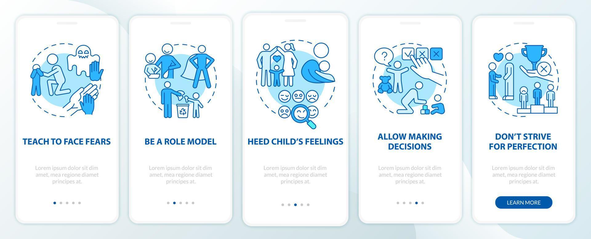 Bringing up tips blue onboarding mobile app page screen. Child mental health walkthrough 5 steps graphic instructions with concepts. UI, UX, GUI vector template with linear color illustrations