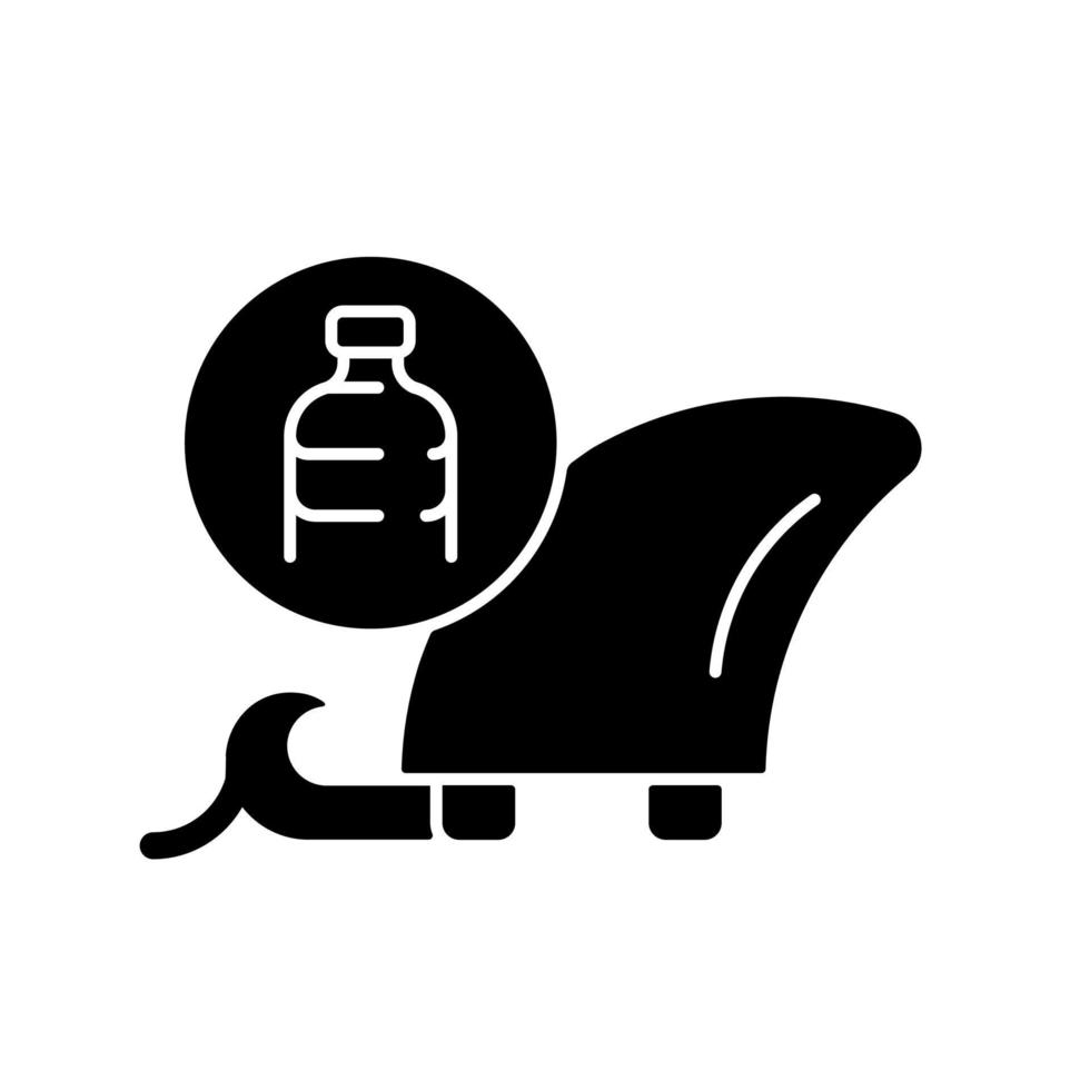 Aletas de tabla de surf del icono de glifo negro de residuos reciclados. surfista ecológico. Reciclaje de botellas. plástico reutilizado. Reducir el desperdicio posconsumo. símbolo de silueta en el espacio en blanco. vector ilustración aislada