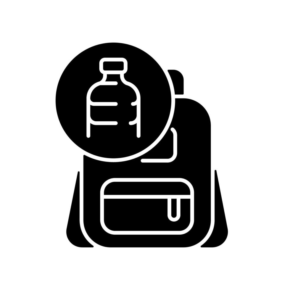 Backpack made from plastic black glyph icon. Sustainable bags. Repurposing discarded water bottles. Eco-friendly materials. Silhouette symbol on white space. Vector isolated illustration