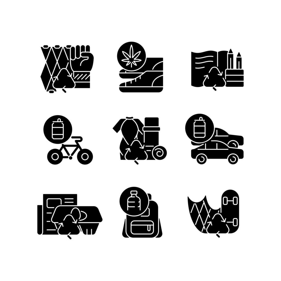 Reducing waste black glyph icons set on white space. Upcycling products. Eco friendly shoes. Biodegradable stationery. Sustainable yoga equipment. Silhouette symbols. Vector isolated illustration