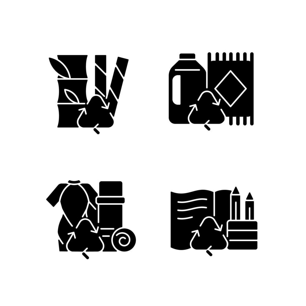 Reduce environmental pollution black glyph icons set on white space. Compostable straws. Ethical flooring option. Repurposing surfing suits. Silhouette symbols. Vector isolated illustration