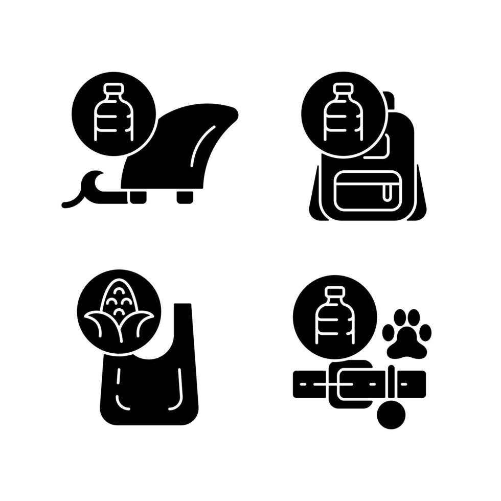 productos de plásticos reciclados iconos de glifos negros en espacios en blanco. surfista ecológico. mochila sostenible, collar para perros. producción ética. símbolos de silueta. vector ilustración aislada