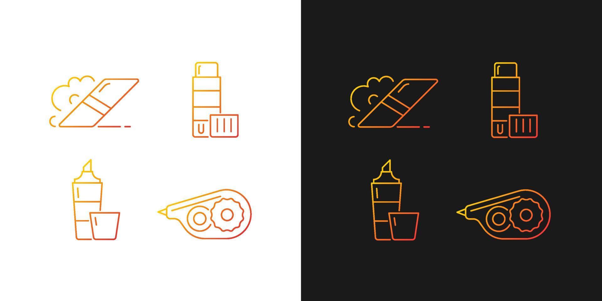 School accessories gradient icons set for dark and light mode. Highlighter. Correction tape. Thin line contour symbols bundle. Isolated vector outline illustrations collection on black and white