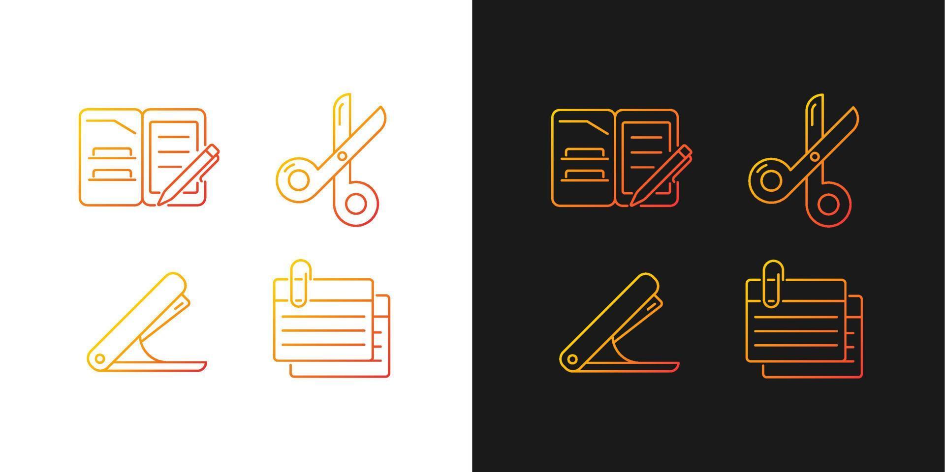 Office stationery supplies gradient icons set for dark and light mode. Tools for studying. Thin line contour symbols bundle. Isolated vector outline illustrations collection on black and white