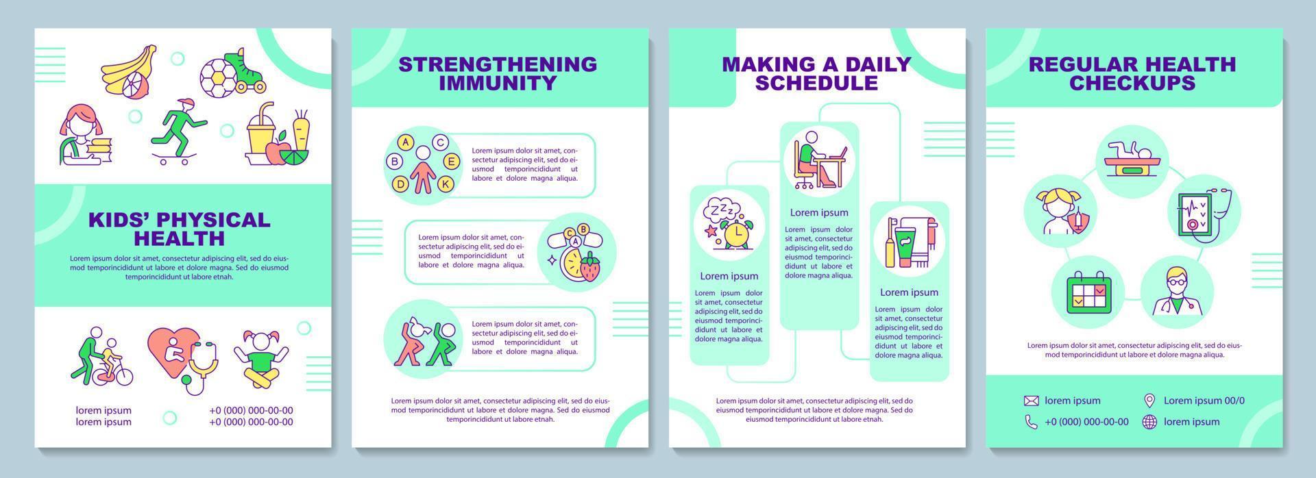 Kids physical health brochure template. Regular medical checkup. Flyer, booklet, leaflet print, cover design with linear icons. Vector layouts for presentation, annual reports, advertisement pages