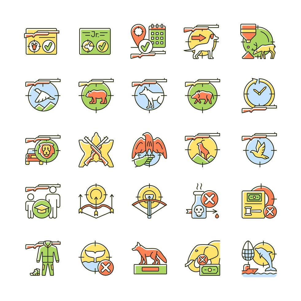 Hunting RGB color icons set. Wildlife animal and bird hunt. Pursue and capture prey. Shooting and trapping. Equipment and gear. Isolated vector illustrations. Simple filled line drawings collection