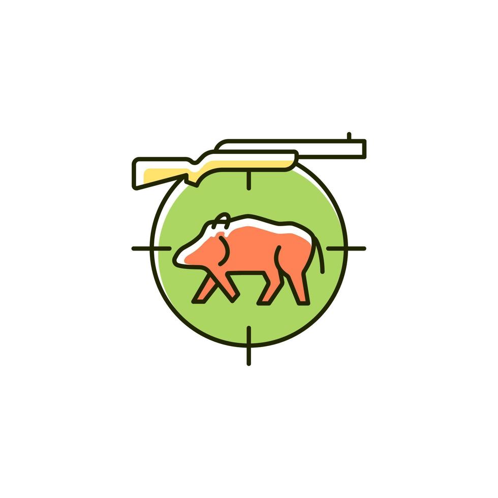 Wild boar hunting RGB color icon. Capture and kill wild hog. Feral peccary and pig. Hunting with dog. Pursue tusker. Wildlife animal. Isolated vector illustration. Simple filled line drawing