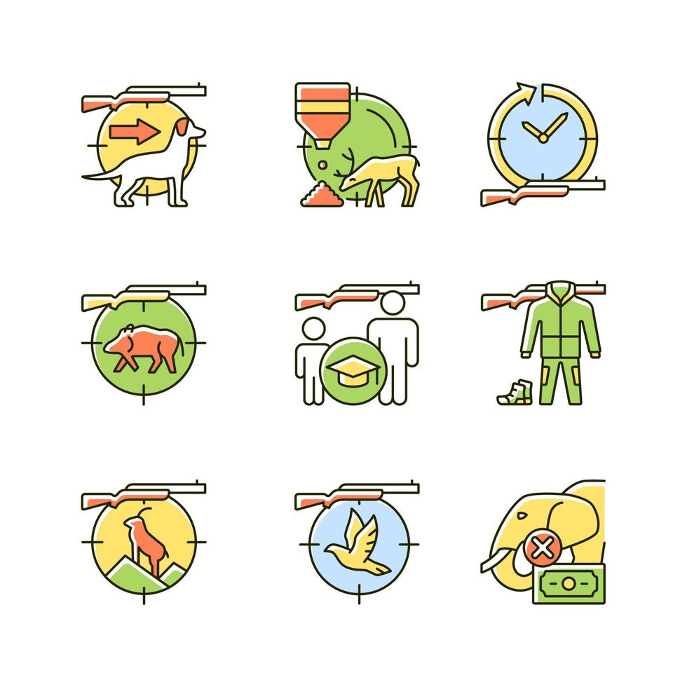 Animal hunter RGB color icons set. Dog handler. Goat and boar hunting. Pigeon shooting. Hunt education. Illegal animal trade. Isolated vector illustrations. Simple filled line drawings collection