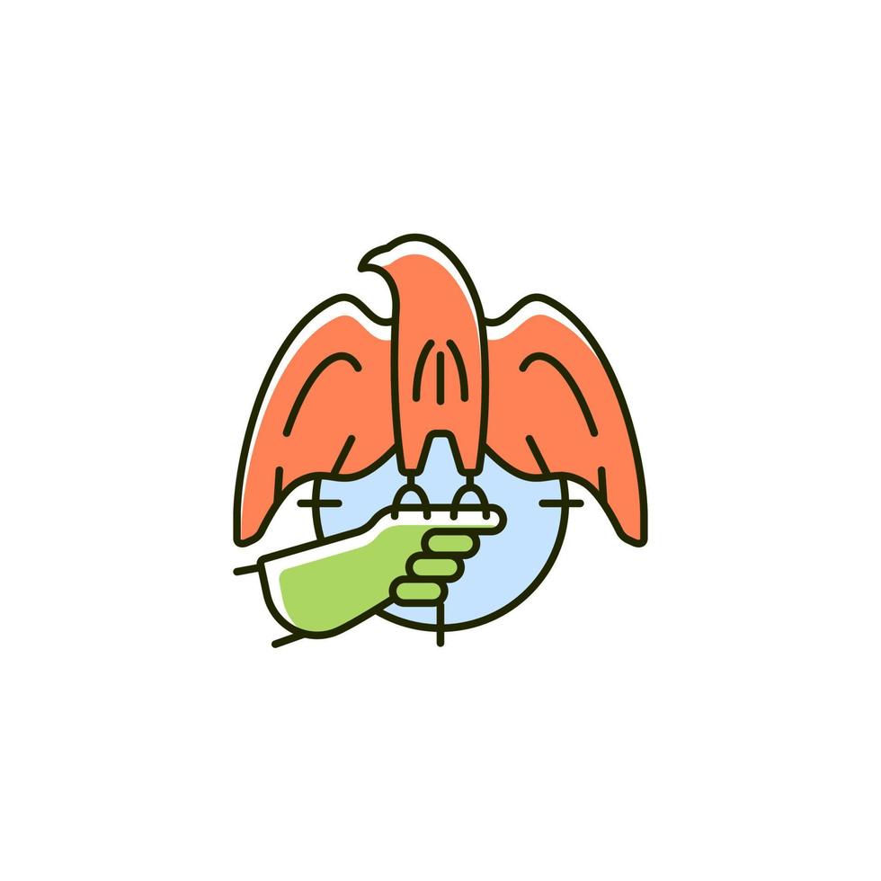 Falconry hunting RGB color icon. Trained hawk, eagle captures small animals. Falcon training technique. Bird of prey. Falconer. Isolated vector illustration. Simple filled line drawing