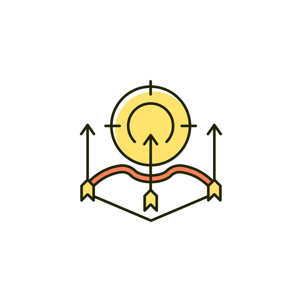 Bow and arrow hunting RGB color icon. Bowhunting. Archery hunting. Hunter sits and stalks animal. Use game call to attract prey. Compound bow. Isolated vector illustration. Simple filled line drawing