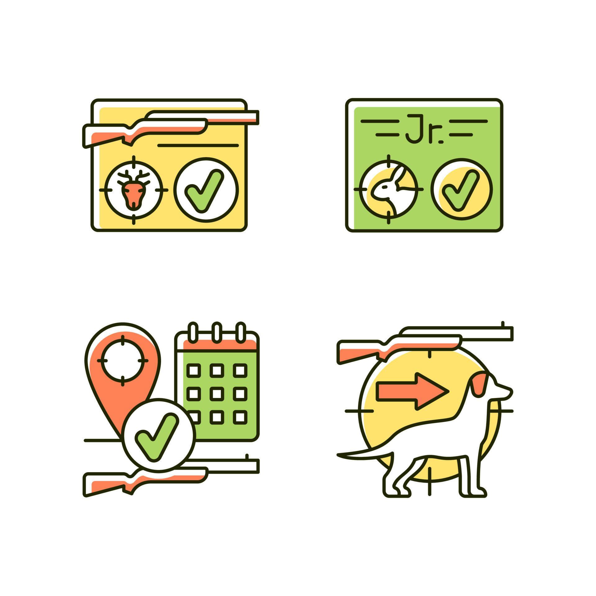 Hunting regulations RGB color icons set. Resident and junior hunting