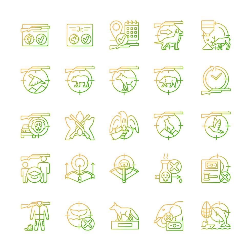 Hunting gradient linear vector icons set. Wildlife animal and bird hunt. Pursue and capture prey. Shooting and trapping. Thin line contour symbols bundle. Isolated outline illustrations collection