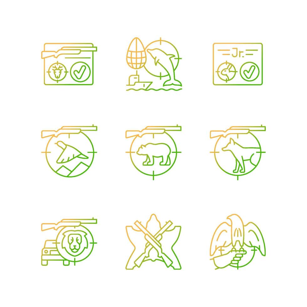 Wild animals hunting gradient linear vector icons set. Big and small game hunting. Capture prey. Hunt license. Thin line contour symbols bundle. Isolated outline illustrations collection