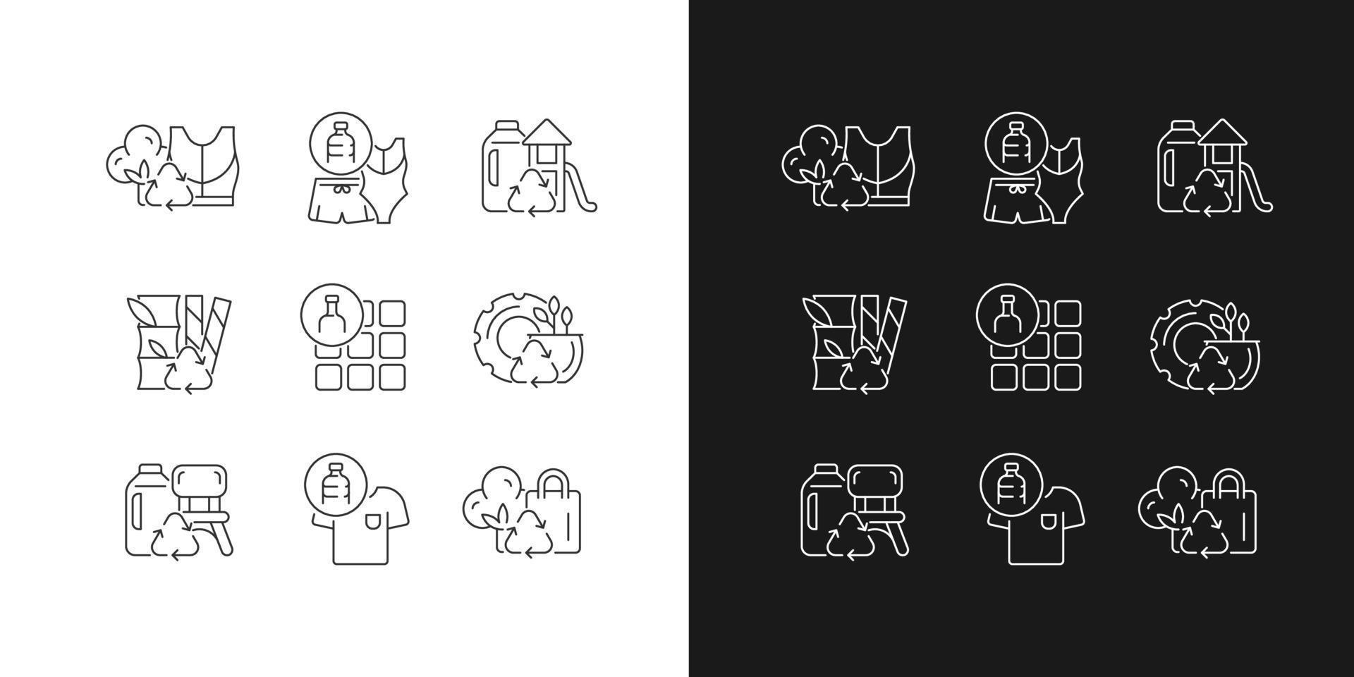Natural resources conservation linear icons set for dark and light mode. Reuse plastic products. Zero waste. Customizable thin line symbols. Isolated vector outline illustrations. Editable stroke