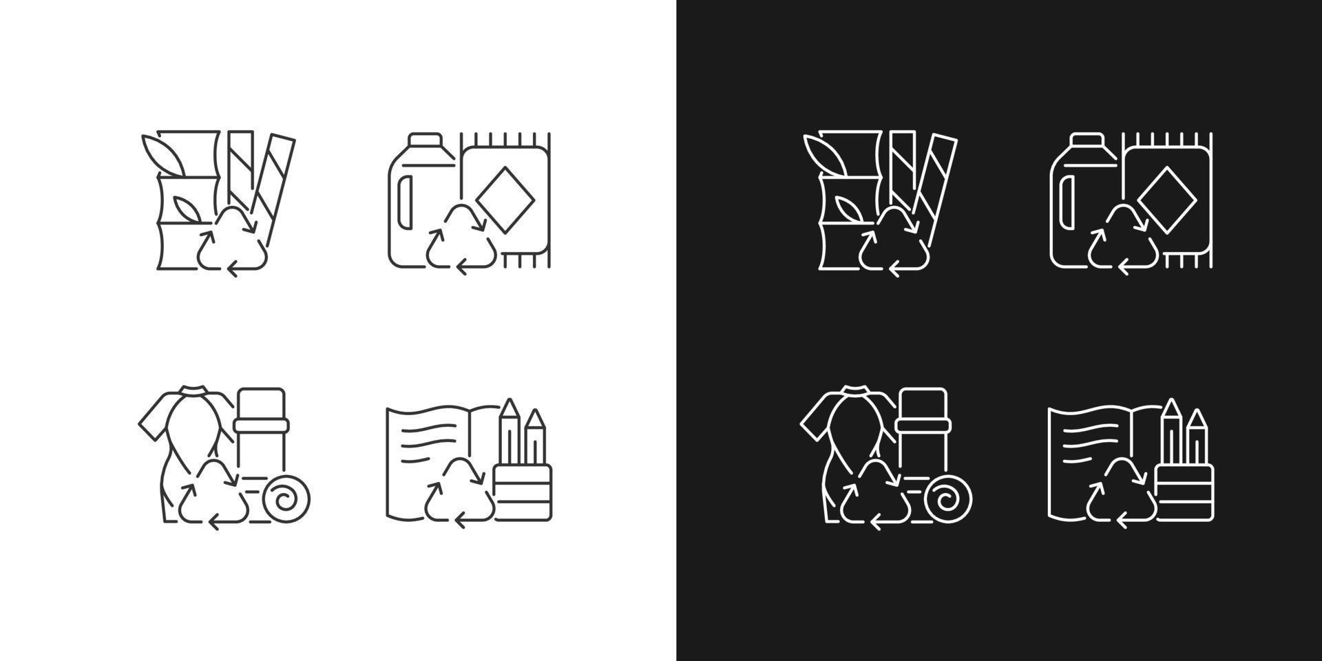 Reduce environmental pollution linear icons set for dark and light mode. Compostable straws. Ethical flooring. Customizable thin line symbols. Isolated vector outline illustrations. Editable stroke