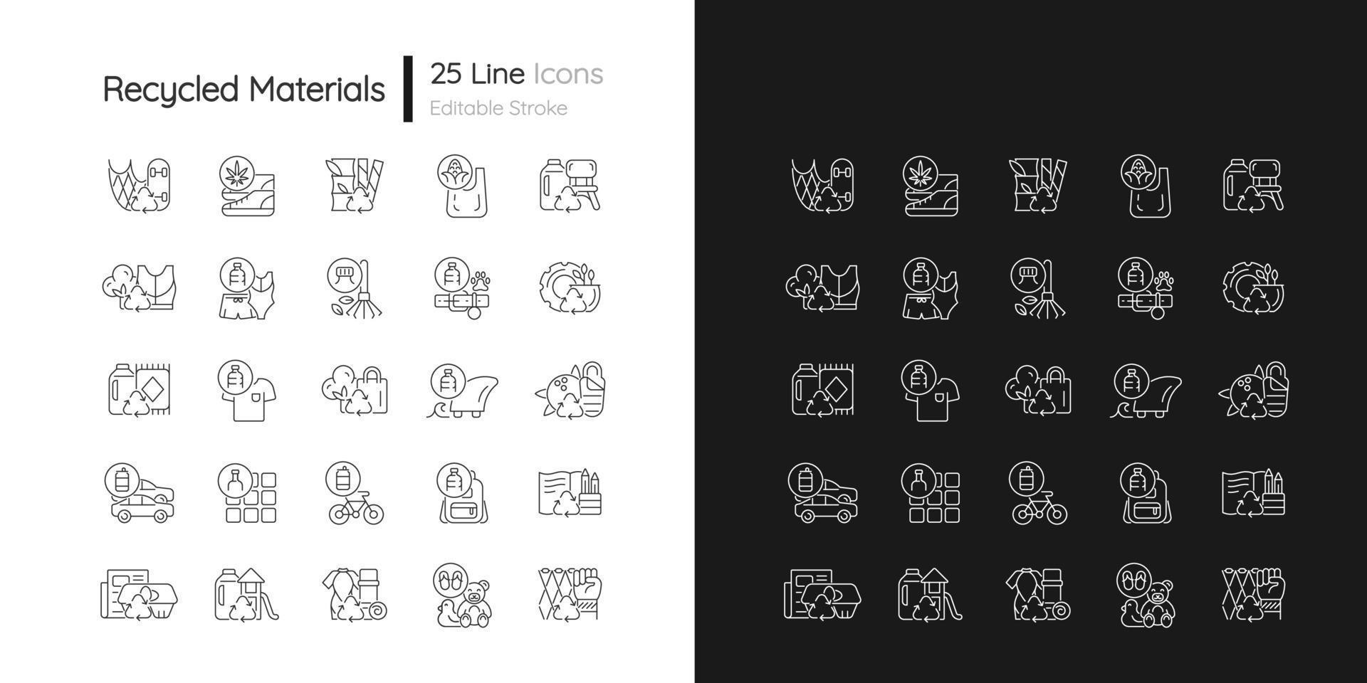 Recycled materials linear icons set for dark and light mode. Sustainable option. Eco friendly product. Customizable thin line symbols. Isolated vector outline illustrations. Editable stroke