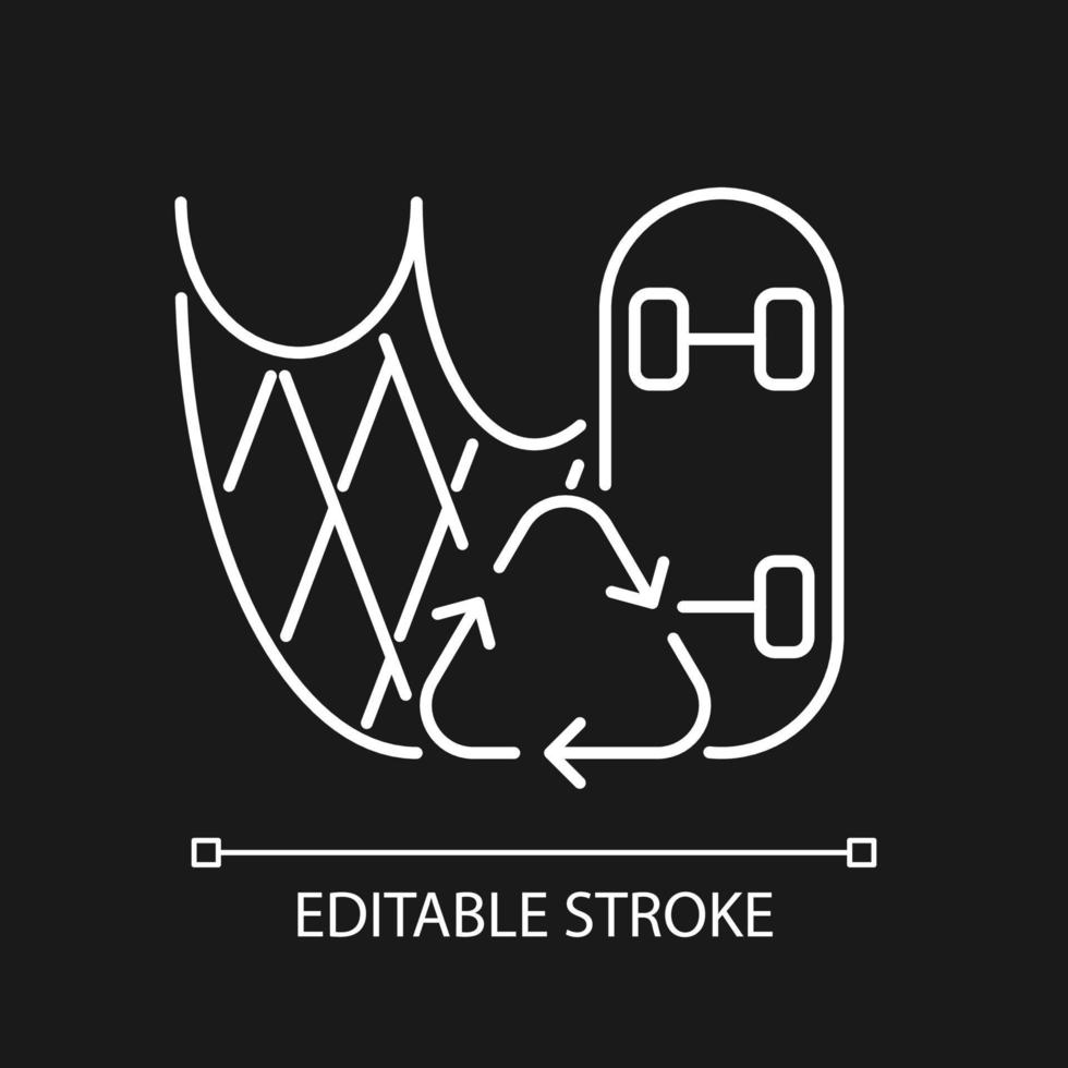 Skateboard made from fishing nets white linear icon for dark theme. End-of-life fishing gear reuse. Thin line customizable illustration. Isolated vector contour symbol for night mode. Editable stroke