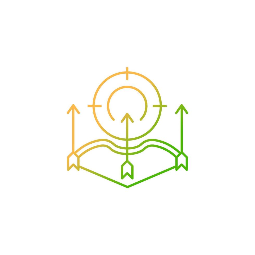 Bow and arrow hunting gradient linear vector icon. Archery hunting. Hunter sits and stalks animal. Compound bow. Thin line color symbol. Modern style pictogram. Vector isolated outline drawing