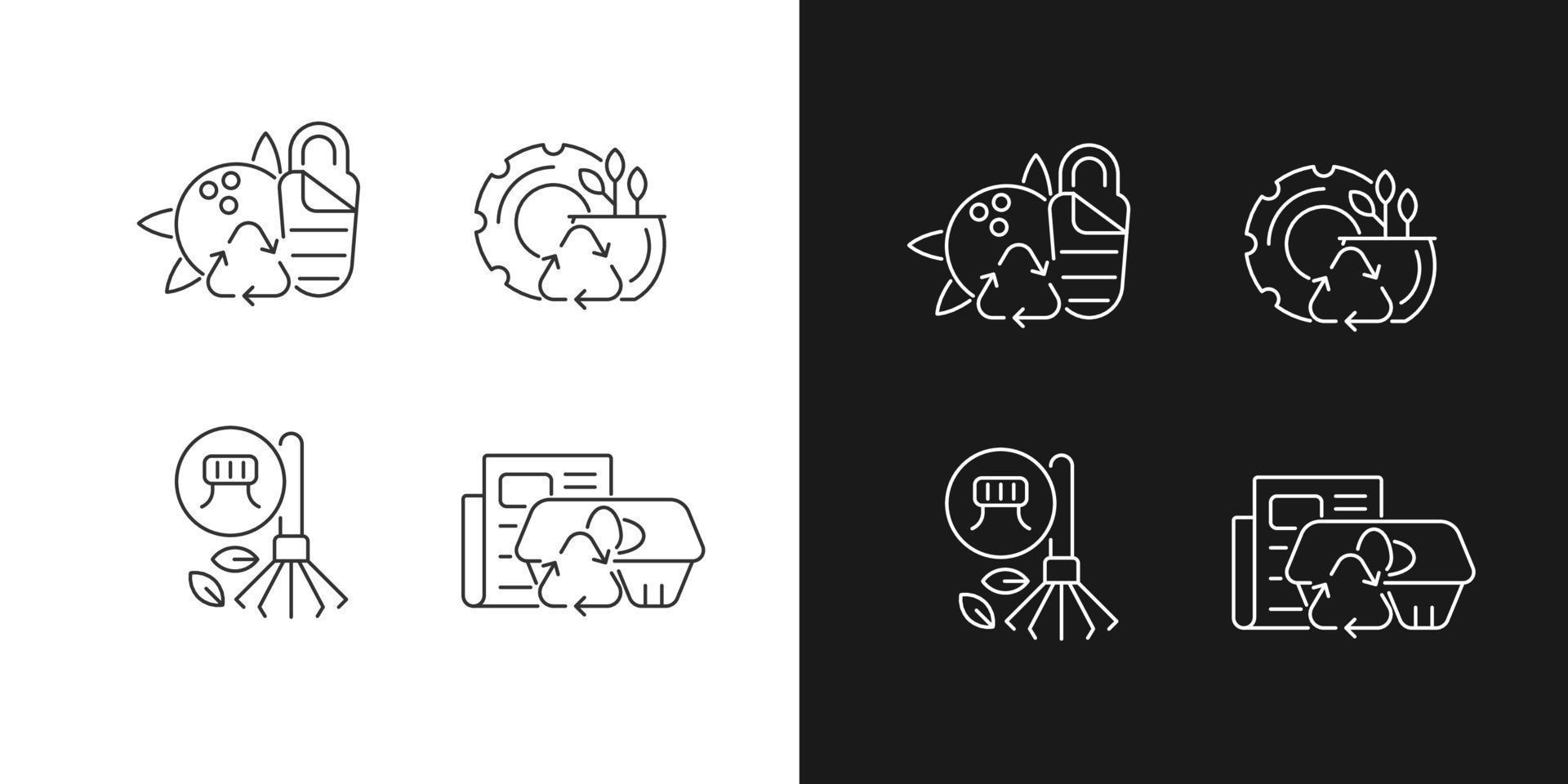 Processing recycled material linear icons set for dark and light mode. Sustainable camping gear. Paper egg box. Customizable thin line symbols. Isolated vector outline illustrations. Editable stroke