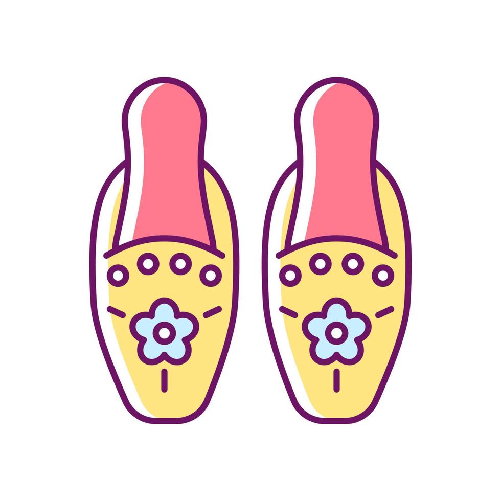 Traditional beadwork RGB color icon. Singaporean beaded slippers. National design. Decorating clothing. Peranakan embroidery. Ethnic shoes. Isolated vector illustration. Simple filled line drawing