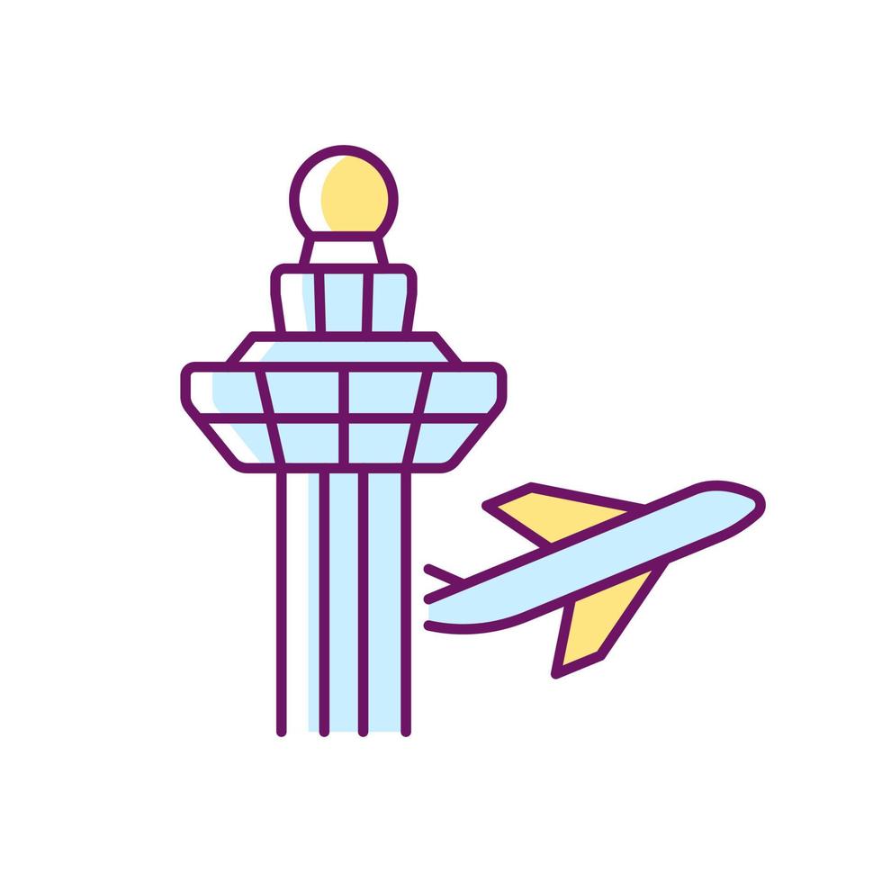 Changi airport control tower RGB color icon. Visual observation from tower. Air traffic control. Handle aircraft movements. Singapore airport. Isolated vector illustration. Simple filled line drawing