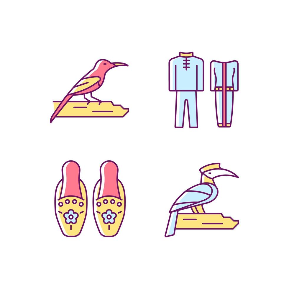 Singaporean bird species RGB color icons set. Traditional Singapore costume. Beaded slippers. Tropical birds. National dresses. Isolated vector illustrations. Simple filled line drawings collection