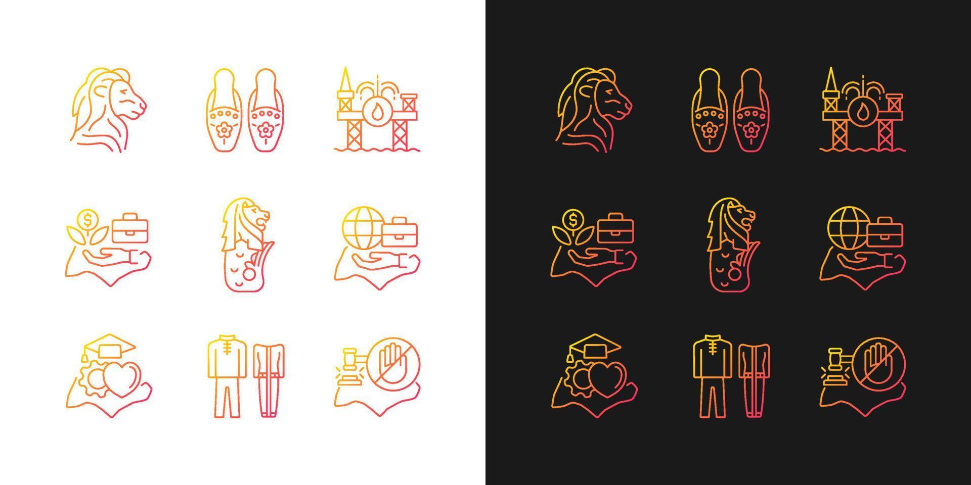 Singapore national values gradient icons set for dark and light mode. Quality of living. Thin line contour symbols bundle. Isolated vector outline illustrations collection on black and white