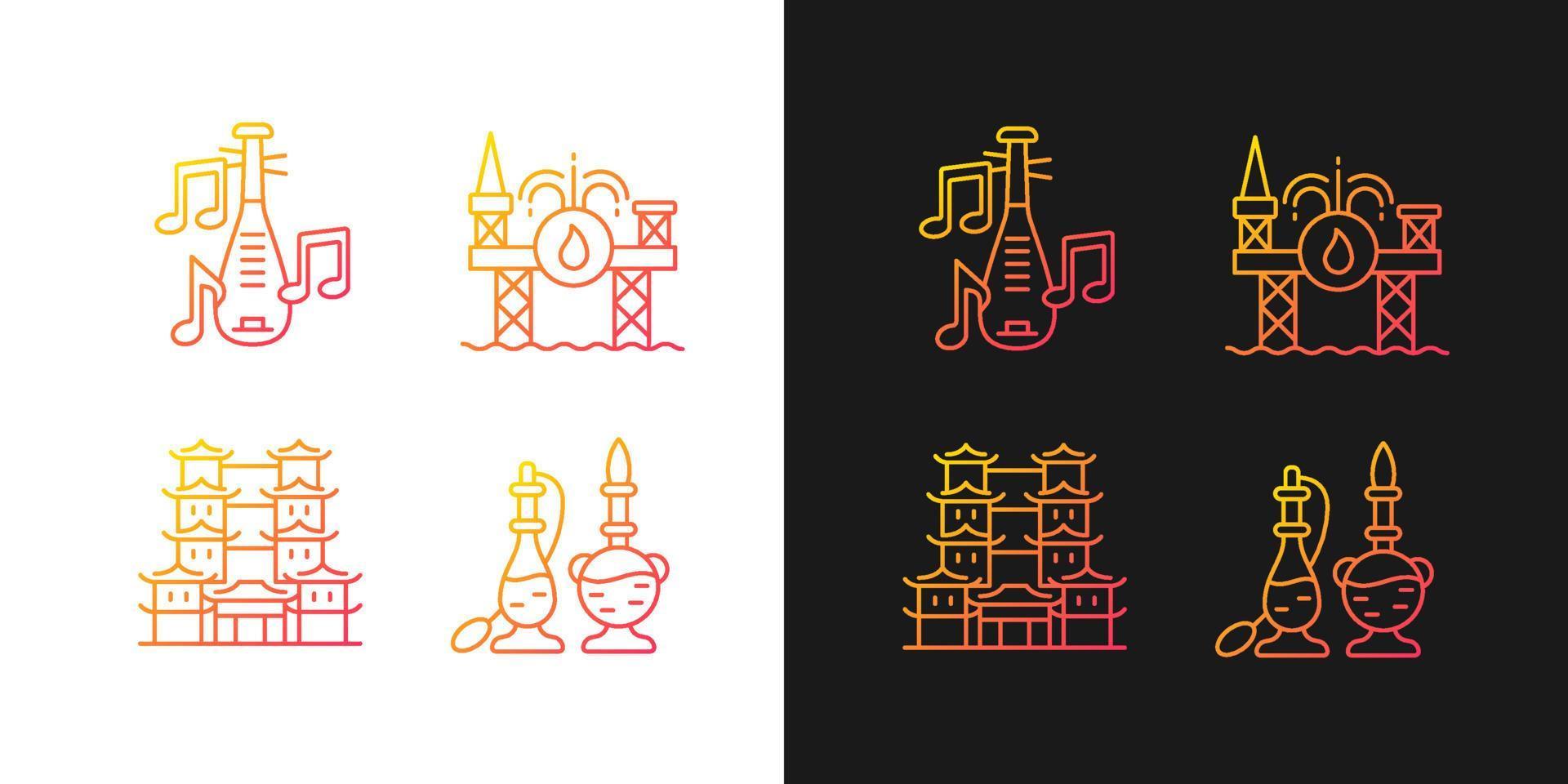 Culture of Singapore gradient icons set for dark and light mode. Pipa musical instrument. Thin line contour symbols bundle. Isolated vector outline illustrations collection on black and white