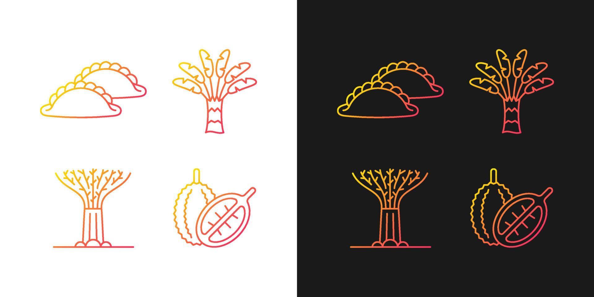 Plants in Singapore gradient icons set for dark and light mode. Singaporean cuisine. Thin line contour symbols bundle. Isolated vector outline illustrations collection on black and white