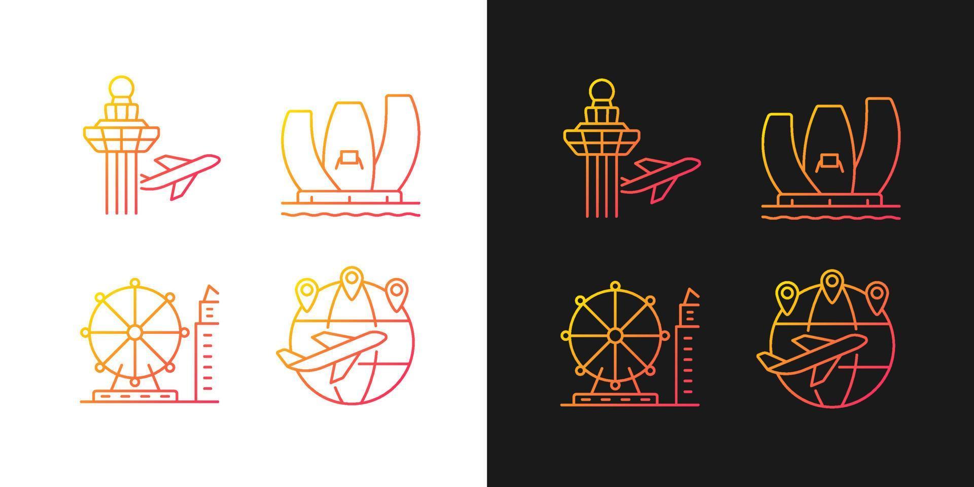 Tourist attractions in Singapore gradient icons set for dark and light mode. Changi airport. Thin line contour symbols bundle. Isolated vector outline illustrations collection on black and white