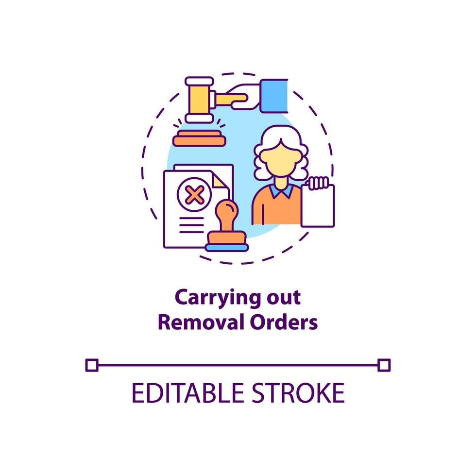 llevando a cabo el icono del concepto de órdenes de remoción. audiencia de caso en el juzgado sobre migración. procedimiento de deportación idea abstracta ilustración de línea fina. dibujo de color de contorno aislado vectorial. trazo editable vector