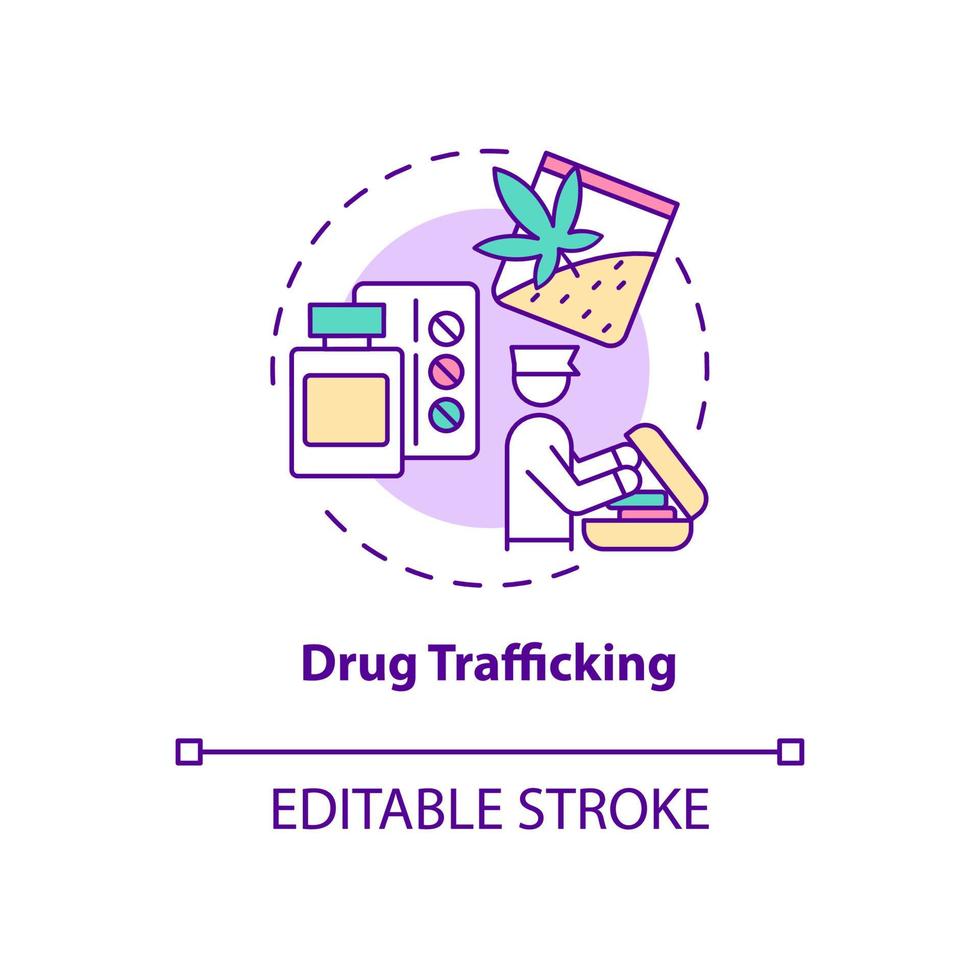 Drug trafficking concept icon. Illegal trade. Smuggling through country border. Check on entry. Deportation abstract idea thin line illustration. Vector isolated outline color drawing. Editable stroke