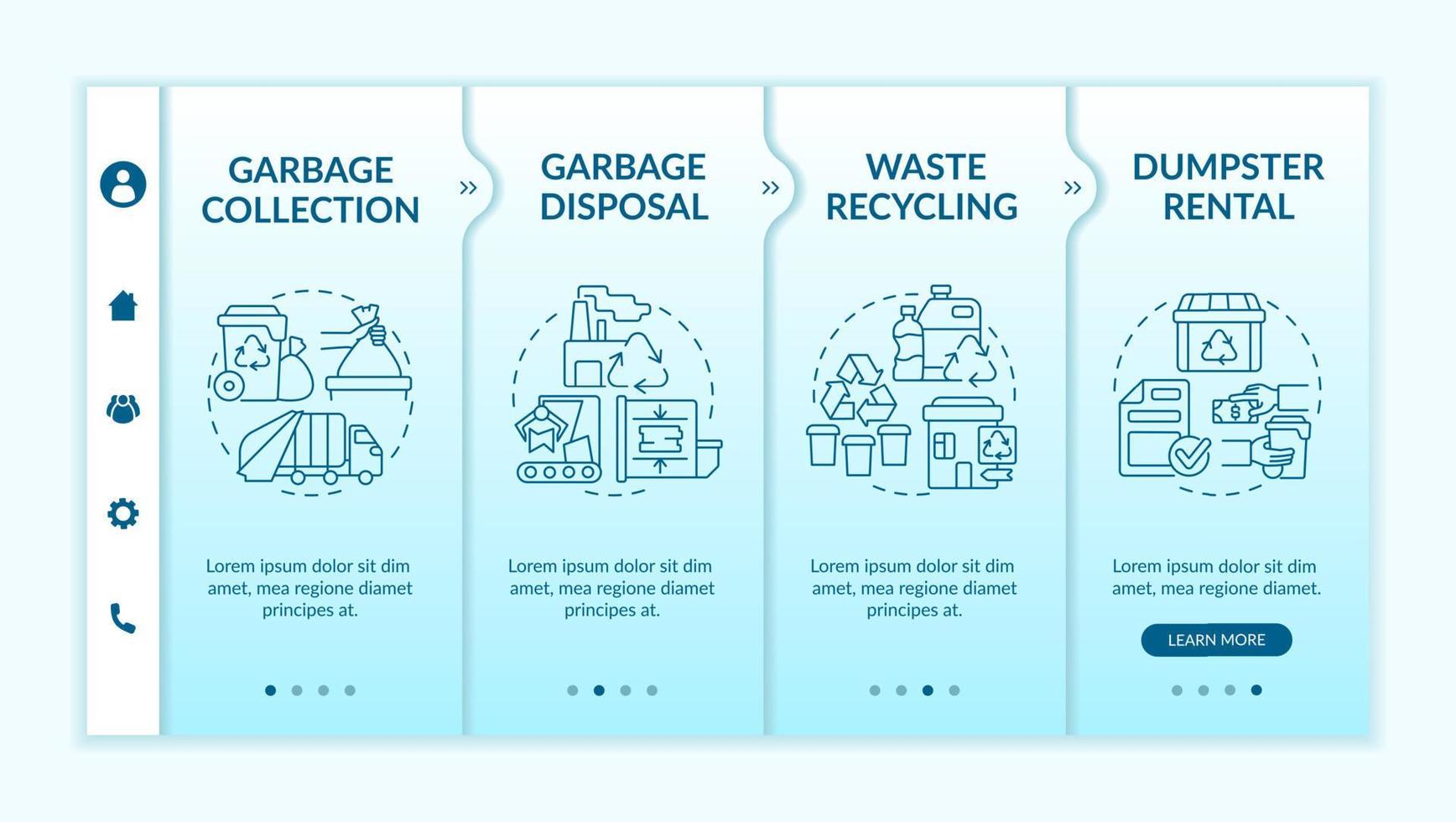 Waste management service onboarding vector template. Responsive mobile website with icons. Web page walkthrough 4 step screens. Garbage collection color concept with linear illustrations