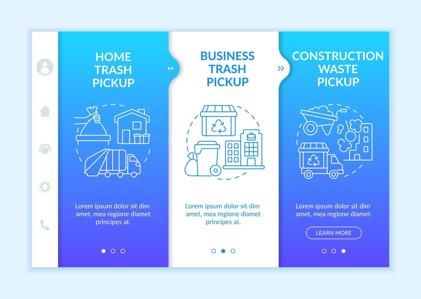 Waste collection and pickup onboarding vector template. Responsive mobile website with icons. Web page walkthrough 3 step screens. Garbage management color concept with linear illustrations