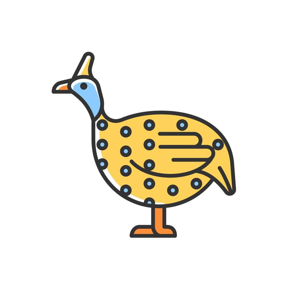Guinea fowl RGB color icon. Domesticated bird. Commercial poultry farming for meat. Helmeted guineafowl. African breed. Bird selection. Isolated vector illustration. Simple filled line drawing