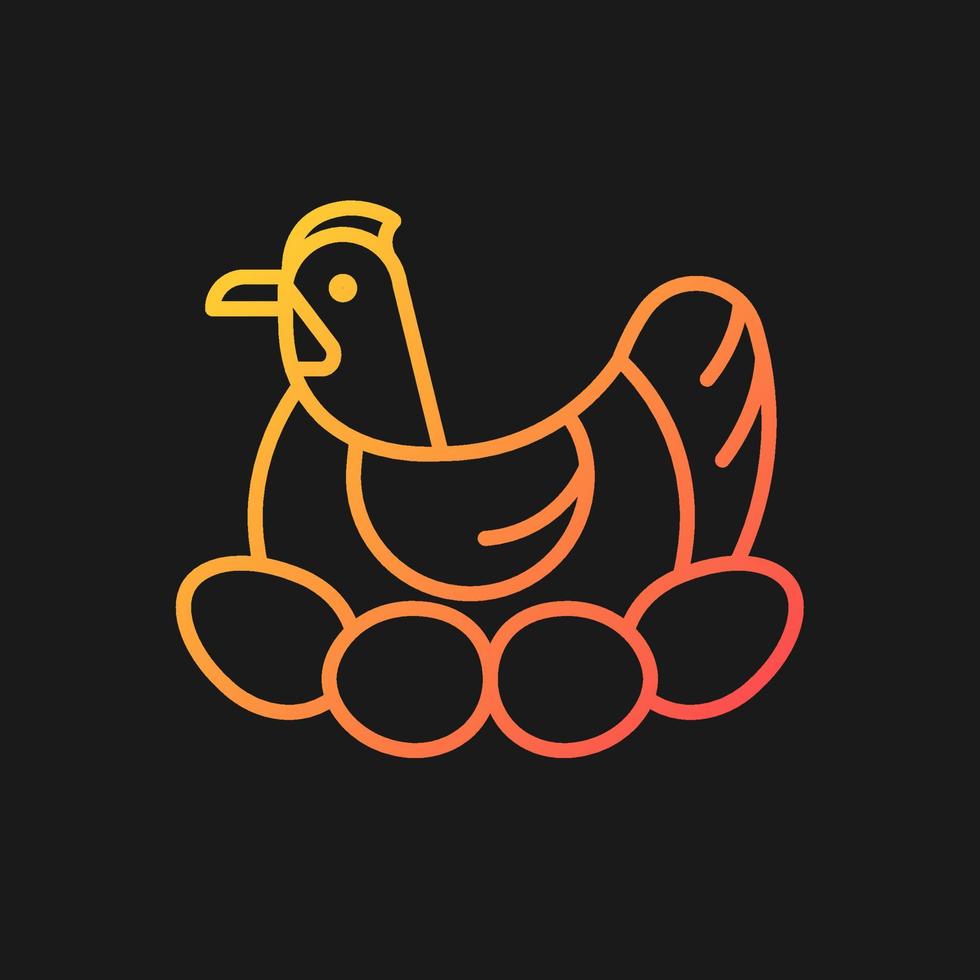 Brood hen gradient vector icon for dark theme. Bird sitting on egg clutch to incubate chicks. Brooding chicken. Thin line color symbol. Modern style pictogram. Vector isolated outline drawing