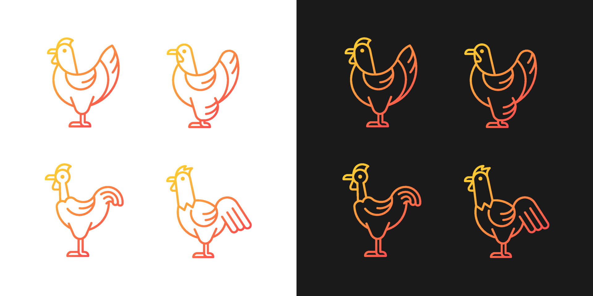 Chicken breeds RGB color icons set. Brahma hen. Transylvanian