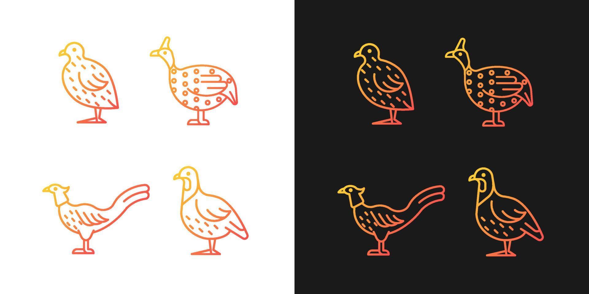 Landfowl gradient icons set for dark and light mode. Japanese quail. Pheasant family. Guinea fowl. Thin line contour symbols bundle. Isolated vector outline illustrations collection on black and white