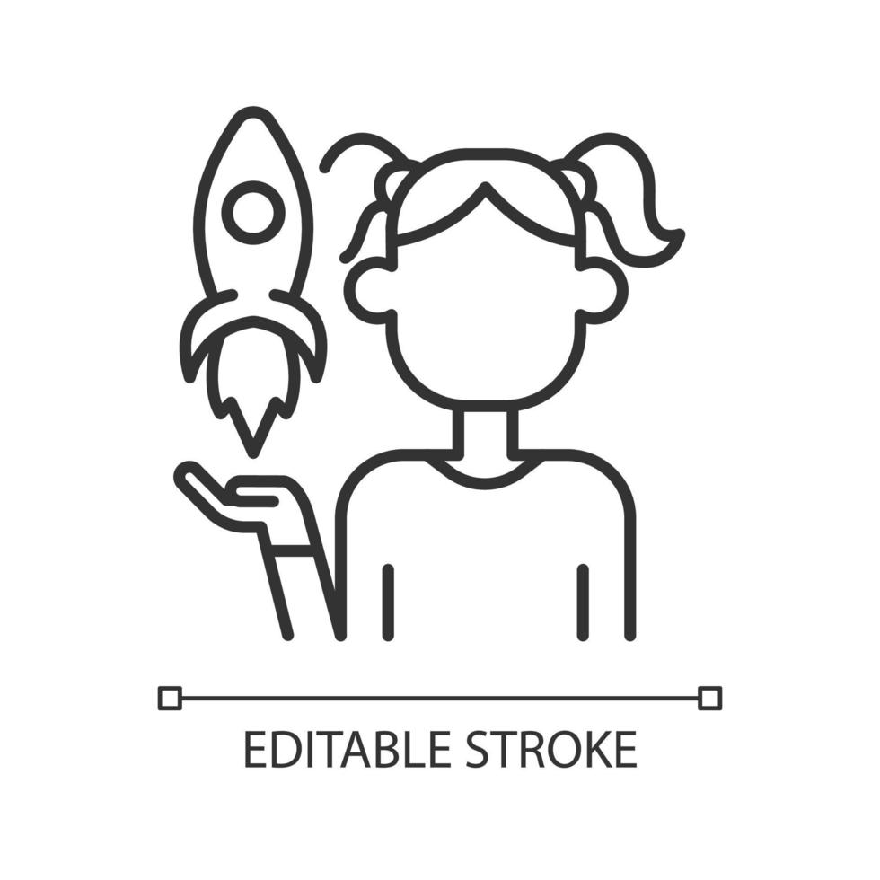 Fostering kids creativity linear icon. Teach and encourage children. Kids imagination. Thin line customizable illustration. Contour symbol. Vector isolated outline drawing. Editable stroke