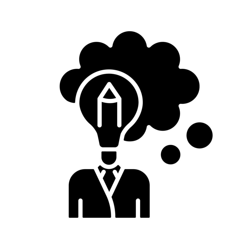 Design thinking black glyph icon. Imagination and inspiration. Cognitive skills. Analysis and evaluation. Easy problem solving ability. Silhouette symbol on white space. Vector isolated illustration