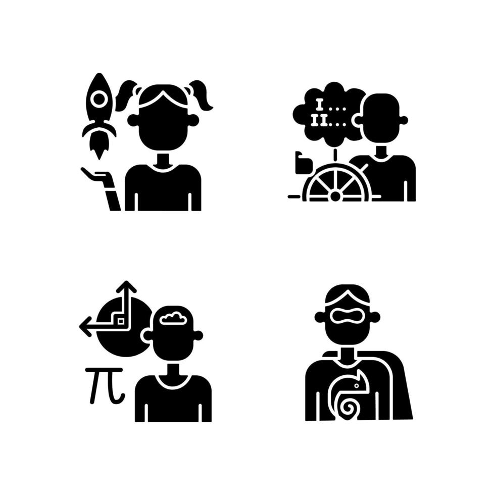 Kids talents black glyph icons set on white space. Personal development. Creative talents. Mathematical intelligence. Ability to adapt. Silhouette symbols. Vector isolated illustration